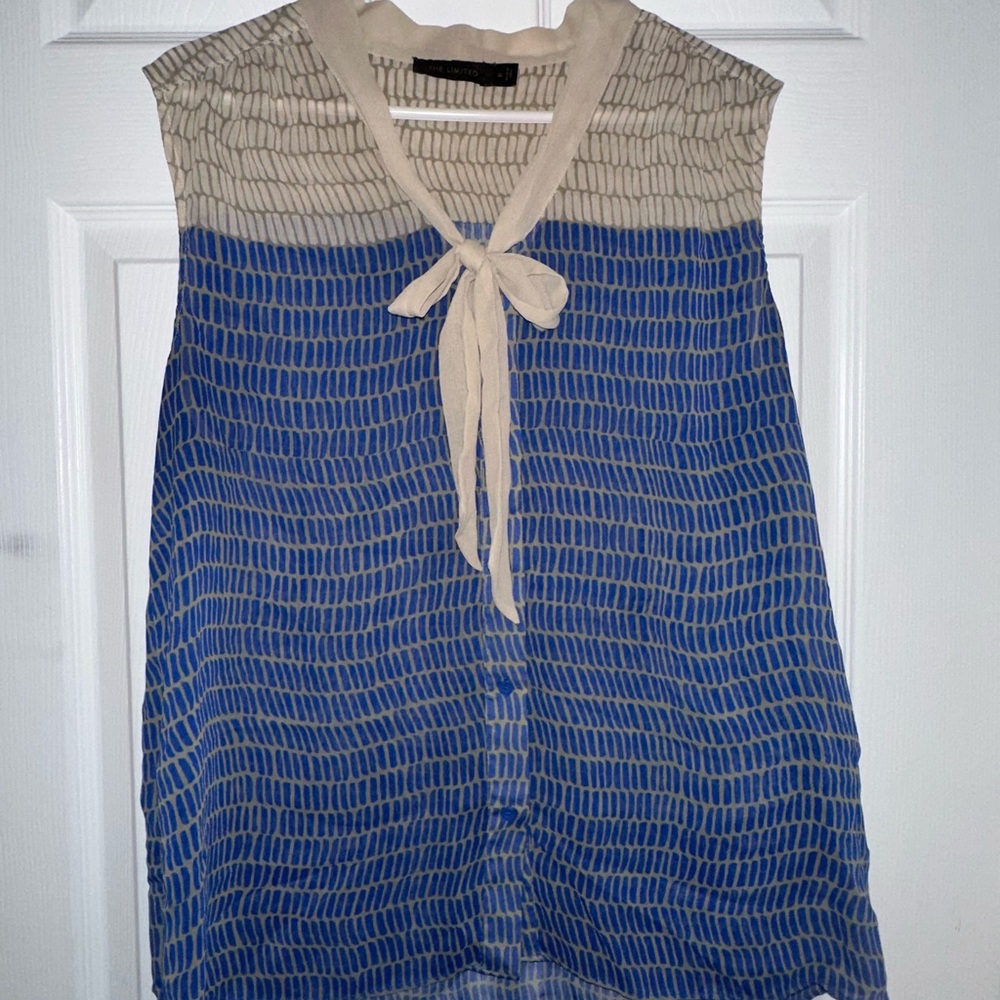 The Limited Cream and Blue Tie Front Blouse